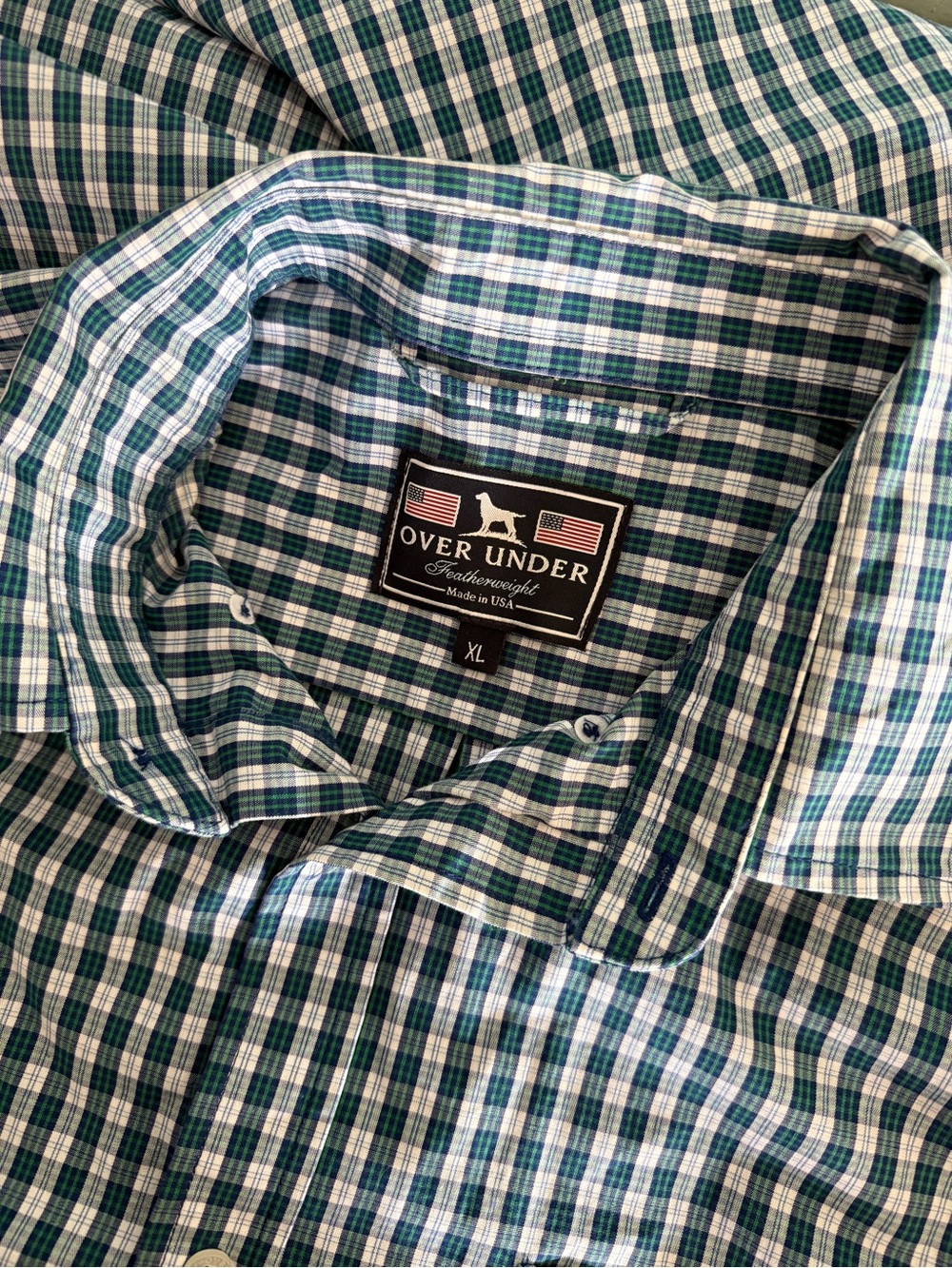 Over Under Featherweight Blue Green Plaid Button Down Made in USA Size XL